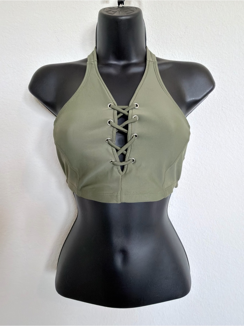 Old Navy Olive Green Grommet Lace-Up Halter Bikini or Cami Top Size M Indie Boho